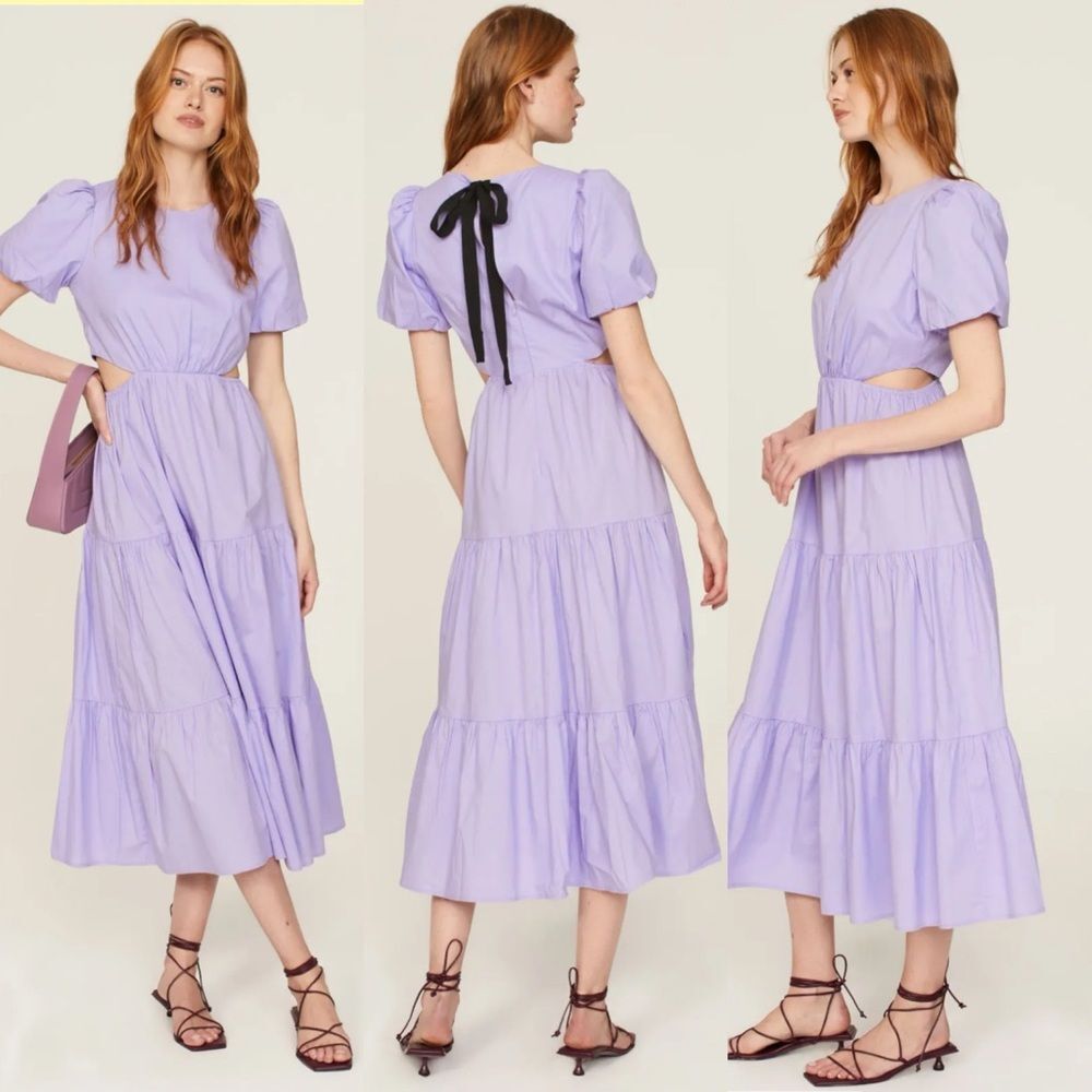 Peter Som Purple Lilac Puff Sleeve Tiered Midi Dress Cutouts 8 Tie Back